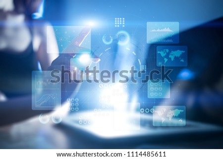Virtual touch screen. Project management. Data analysis. Hitech technology solutions for business. Development. Icons and graphs background.  Internet and technology.