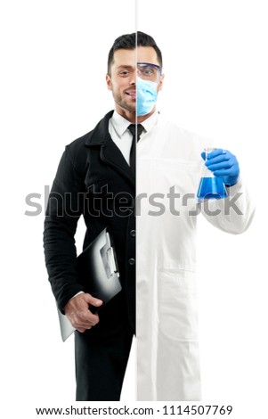 Comparison of businessman chemist's outlook. Chemist wearing chemise gown, protective mask, gloves, keeping beaker. Businessman wearing classic suit with white shirt, black tie, keeping black folder.