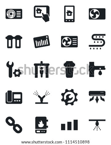 Set of vector isolated black icon - security gate vector, drip irrigation, sorting, barcode, chain, root setup, air conditioner, water heater, intercome, home control app, filter, sprinkler