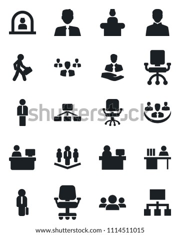 Set of vector isolated black icon - reception vector, manager, office chair, place, client, user, company, desk, estate agent, group, hierarchy