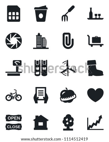 Set of vector isolated black icon - baggage trolley vector, coffee, document, garden fork, boot, house, heart, bike, diet, heavy scales, mobile camera, sim, paper clip, book, windmill, fruit tree