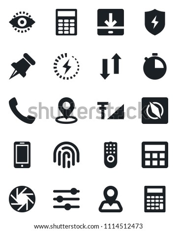 Set of vector isolated black icon - mobile phone vector, navigation, paper pin, call, camera, protect, tuning, calculator, stopwatch, data exchange, download, place tag, compass, eye id, fingerprint