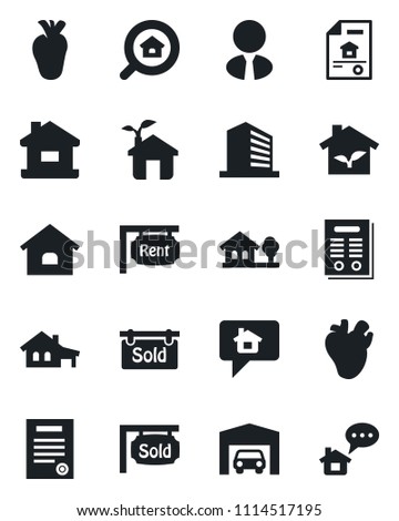 Set of vector isolated black icon - office building vector, real heart, contract, house, with garage, tree, estate document, rent, sold signboard, search, agent, eco, home message