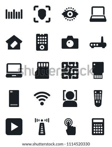 Set of vector isolated black icon - antenna vector, camera, barcode, remote control, touch screen, laptop pc, play button, phone back, sd, wireless, face id, eye, notebook, smart home, chip, router