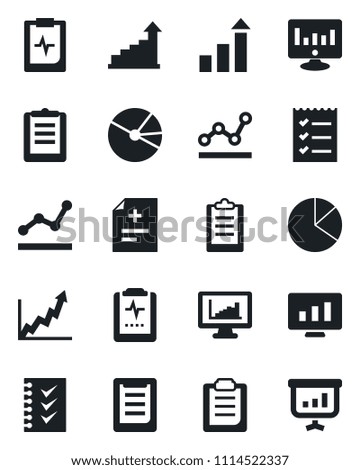 Set of vector isolated black icon - growth statistic vector, monitor, diagnosis, pulse clipboard, statistics, pie graph, checklist, point, presentation