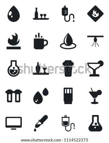 Set of vector isolated black icon - hot cup vector, water drop, dropper, flammable, monitor, alcohol, drink, cocktail, filter, sprinkler, flask