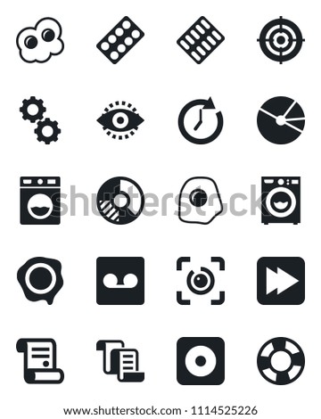 Set of vector isolated black icon - contract vector, circle chart, stamp, pills blister, fast forward, rec button, record, eye id, pie graph, target, washer, omelette, gear, clock, crisis management