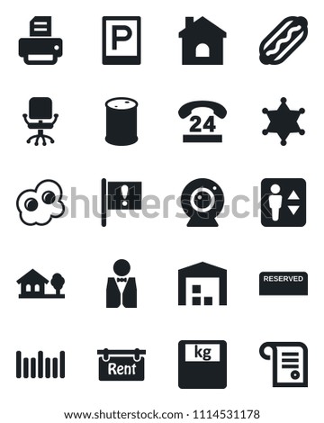 Set of vector isolated black icon - parking vector, elevator, office chair, printer, house, scales, important flag, 24 hours, oil barrel, barcode, with tree, warehouse, rent, waiter, reserved