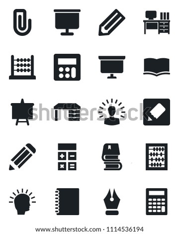 Set of vector isolated black icon - book vector, calculator, abacus, desk, presentation board, pencil, notes, copybook, paper clip, ink pen, shining head
