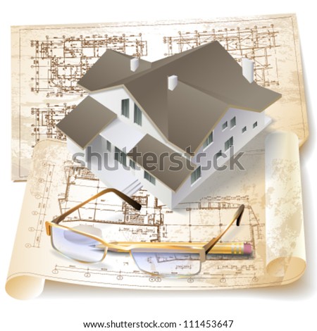 Grunge architectural background with a 3D building model. Vector clip-art