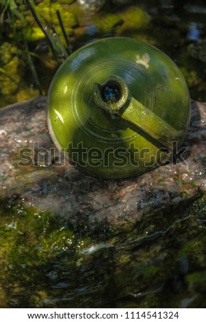 a jug of grass color in the middle of a decorative pond
