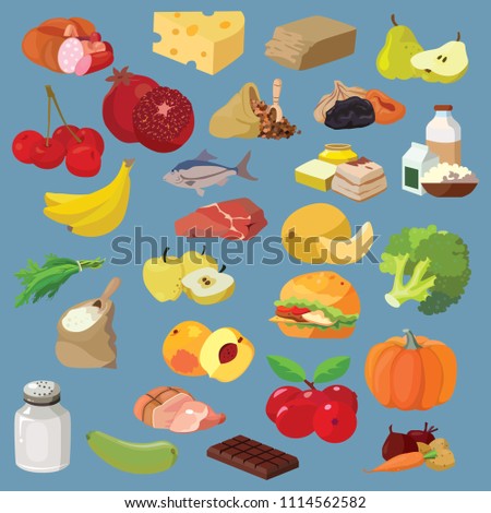 Food. Fruits, vegetables, fats, meat, cereals, dairy products. For your convenience, each significant element is in a separate layer. Eps 10 Royalty-Free Stock Photo #1114562582