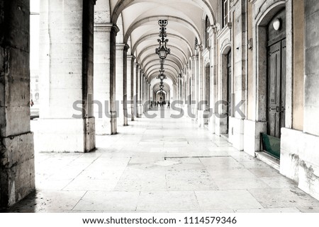 An image of a vault of arches from the outside of the building, in the street in the afternoon, Lisbon, Portugal