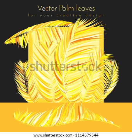 Gold Palm Branches in Various Forms. Tropic Foliage. Illustration of Jungle Plants. Vector Palm Leaves on a Black Background. Floral Elements Set. God Palm Leaves for Pattern, Wallpaper, Print.