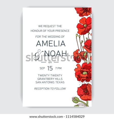 Save the date invitation. Vector wedding illustration with poppy flowers.
