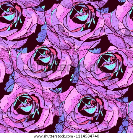 Seamless pattern with pink and purple roses, beautiful background