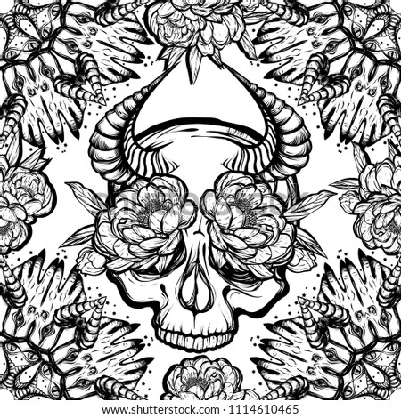 Vector illustration, Mandala. circular pattern. Magic, hands, eyes. skull with horns. Peonies flowers, prints on T-shirts. seamless pattern, light background. Handmade