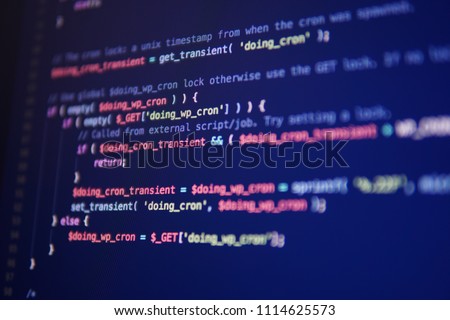 Simple website HTML code with colorful tags in browser view on dark background. Software developer programming code. Screen of code for overlay background.