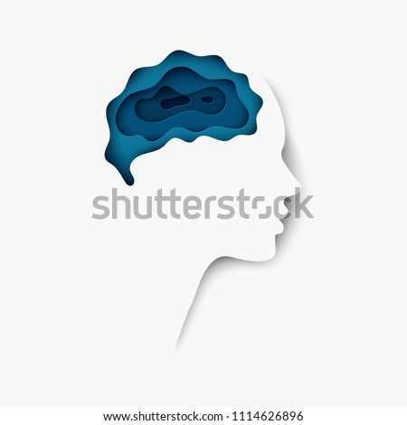 Modern layered cut out colored paper human profile with brain brain. Creative thinking, business concept of innovation. Deep paper art origami style. Isolaterd on white