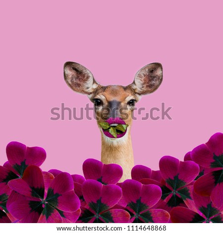 Modern funny art collage. Deer with big lips behind a Flowers