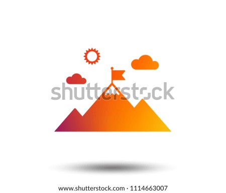 Flag on mountain icon. Leadership motivation sign. Mountaineering symbol. Blurred gradient design element. Vivid graphic flat icon. Vector