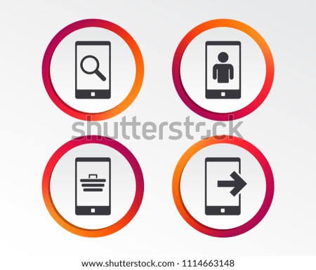 Phone icons. Smartphone video call sign. Search, online shopping symbols. Outcoming call. Infographic design buttons. Circle templates. Vector