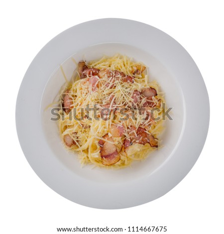 Macaroni, pasta with ham on a white background, picture for menu
