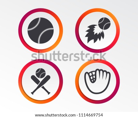 Baseball sport icons. Ball with glove and two crosswise bats signs. Fireball symbol. Infographic design buttons. Circle templates. Vector