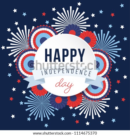 Happy Independence day, 4th July national holiday. Festive greeting card, invitation with fireworks and bunting party decorations in USA flag colors. Vector illustration background, web banner. Royalty-Free Stock Photo #1114675370