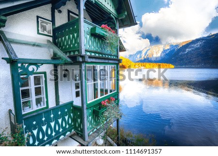 Wooden house on the coast of lake in Hallstatt village Austrian Alps. Location: resort village Hallstatt, Salzkammergut region, Austria, Alps. Europe.