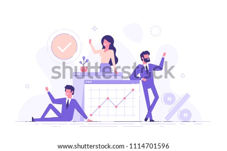 Our team. A group of smiling people making a welcome gesture on. Startup. Colleagues and friends. Flat vector illustration. Royalty-Free Stock Photo #1114701596