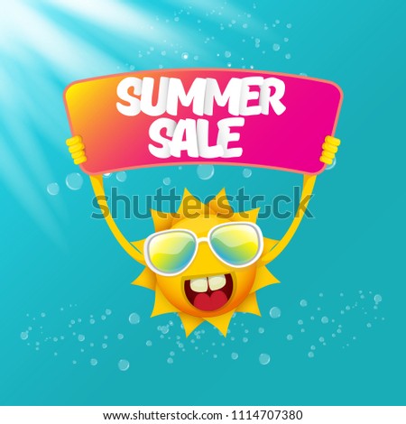 summer sale vector poster or web banner. summer happy sun character holding sign or banner with special offer sale text on azure water background with lights