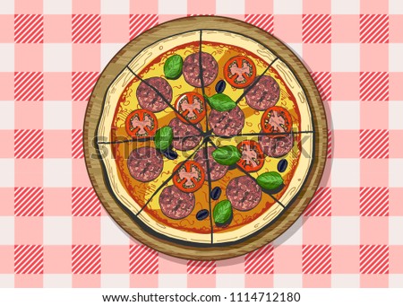 Vector illustration of a whole sliced pepperoni or salami pizza with tomatoes, olives and basil. Vintage hand drawn engraving style with color underlay. Plaid chequered tablecloth background.