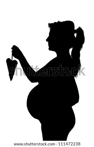 Silhouette of the pregnant woman with heart shape isolated on white