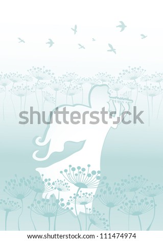 Background with fairy playing flute on the meadow
