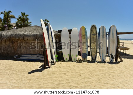 surfboards on sand beach in Baja, Mexico Royalty-Free Stock Photo #1114761098