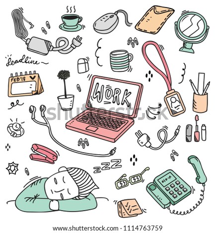 Various things on working desk in doodle style illustration