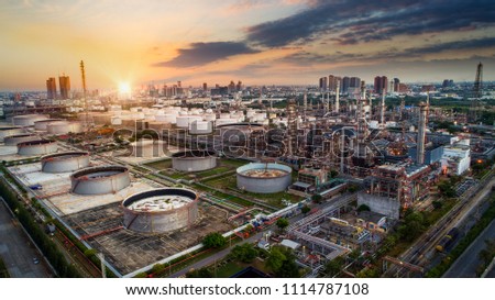Aerial view oil refinery, refinery plant, Industrail refinery factory Petrochemical plant at sunset background Royalty-Free Stock Photo #1114787108