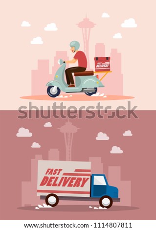 Delivery service by van and motorbike. Vector illustration