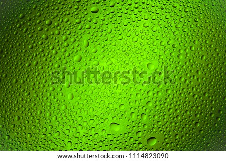 Close up of a water drops on a black and green  gradient background, covered with drops of water -condensation.