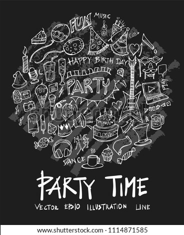 Party doodle illustration circle form wallpaper background line sketch style set on chalkboard
