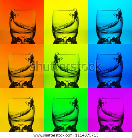 Multicolor cocktails or water set. Liquid splash. Color Theory picture. Home deco. cocktail bar decoration.