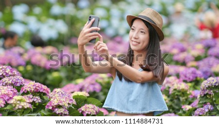 Woman taking selfie with cellphone in hydrangea flower farm