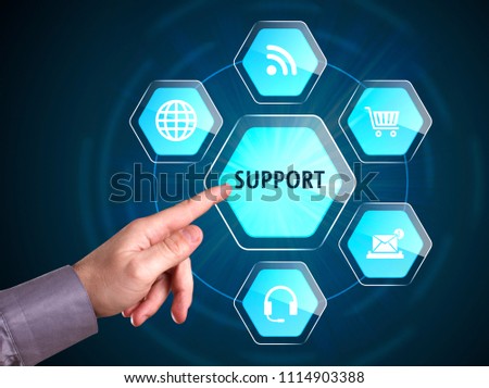 Business, Technology, Internet and network concept. Young businessman shows the word: Support