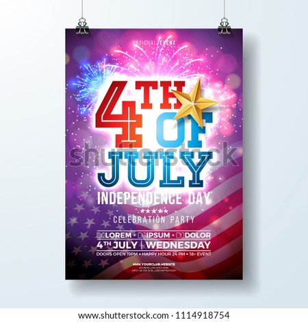 Independence Day of the USA Party Flyer Illustration with Flag and Gold Star. Vector Fourth of July Design on Shiny Firework Background for Celebration Banner, Greeting Card, Invitation or Holiday