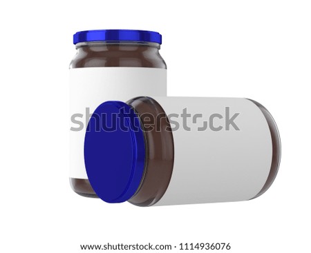 Pack of Glass jars with blue cap filled with chocolate spread. Clipping path. Empty label.