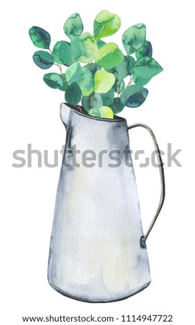 Beautiful bouquet with eucalyptus. Metal jar and eucalyptus branches watercolor