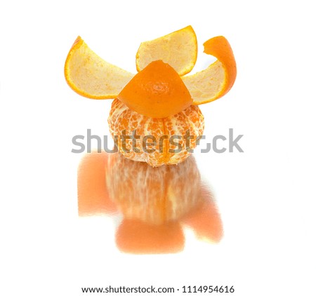 big, ripe, bright, tangerine on a white background, juicy fruit on the isolated background. mandarin. reflection