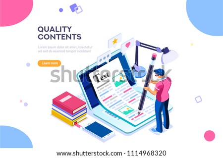 Seo infographic, content for creative blog post. Blogger character. Can use for web banner, infographics, hero images. Flat isometric character, vector illustration isolated on white background. Royalty-Free Stock Photo #1114968320