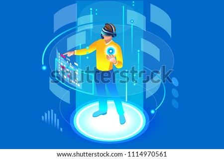 Into the future, isometric man wearing technology and touching virtual reality, augmented vr. Gadget interface for entertainment, device for virtual payment or online transaction. Vector illustration. Royalty-Free Stock Photo #1114970561